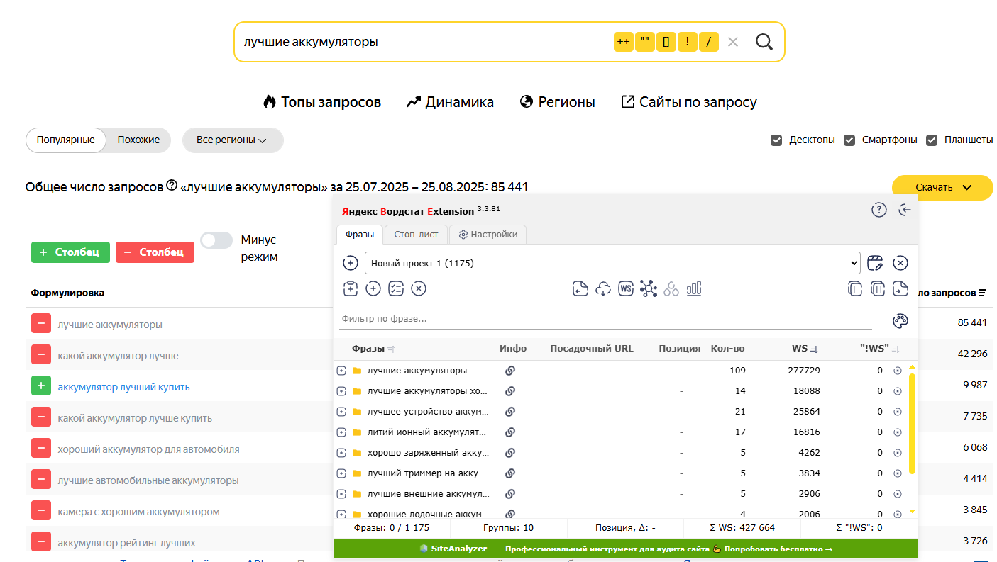 Браузерное расширение Яндекс Вордстат Extension
